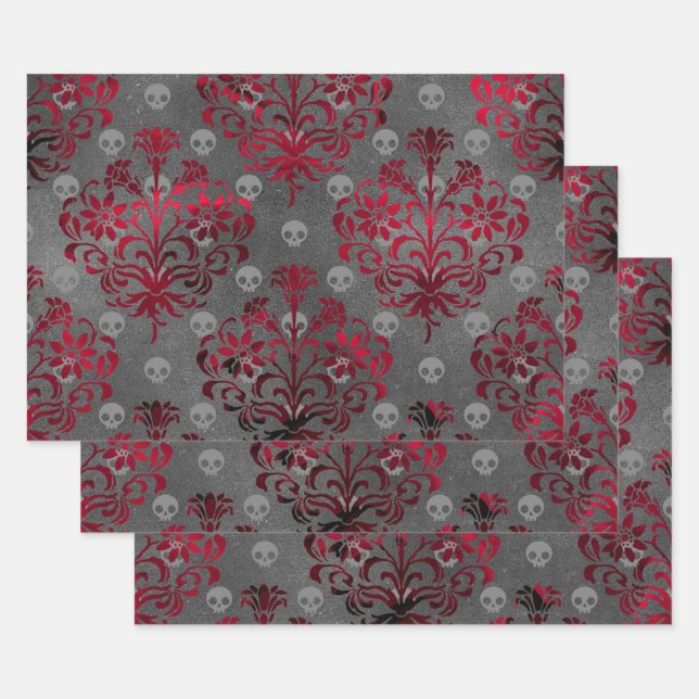 Feuille De Papier Cadeau Crânes et Damas rouges sur gris (Lot)
