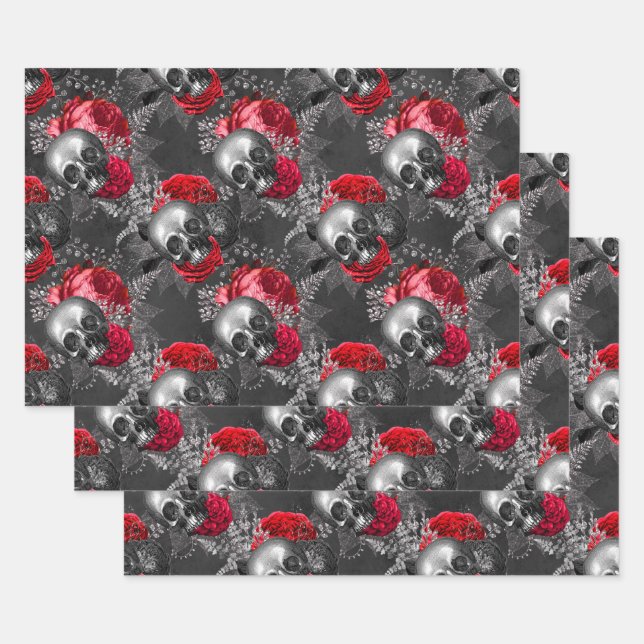 Feuille De Papier Cadeau Crânes et fleurs rouges sur gris (Lot)
