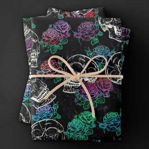 Feuille De Papier Cadeau Crânes et Roses sombres   Funky Glam Ombre Grunge