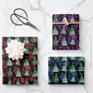 Feuille De Papier Cadeau Crânes gothiques Arbres de Noël Rouge Violet Bleu