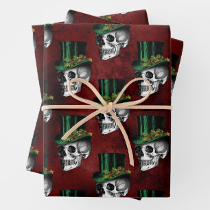 Feuille De Papier Cadeau Crânes gothiques en chapeaux hauts de forme Rouge