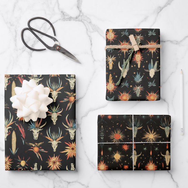 Feuille De Papier Cadeau Crânes Occidentaux de Cowboy (Recto)