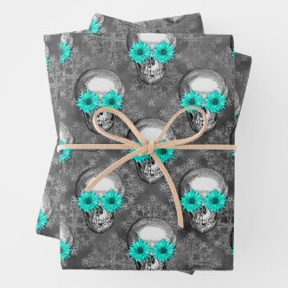 Feuille De Papier Cadeau Crânes turquoise et série de tournesols 9