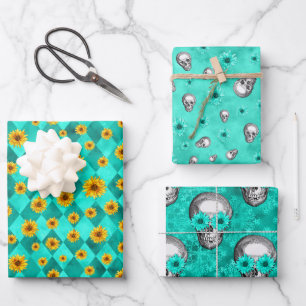Feuille De Papier Cadeau Crânes turquoise et série de tournesols Design 2