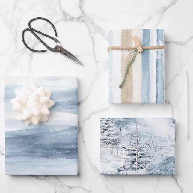 Feuille De Papier Cadeau Cream Beige Blue Christmas Trees Winter   (Recto)