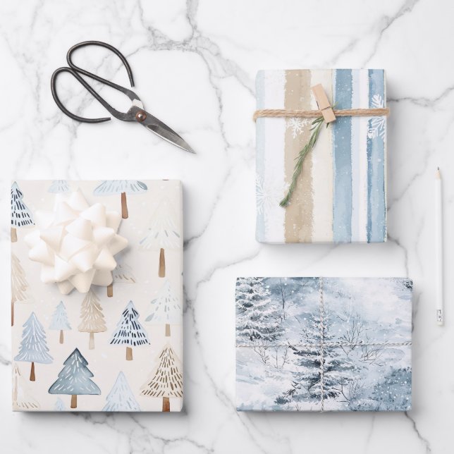 Feuille De Papier Cadeau Cream Beige Blue Christmas Trees Winter Snow (Recto)