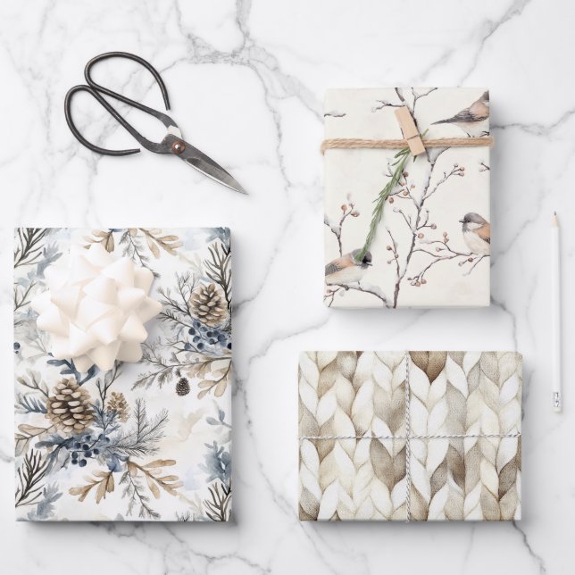 Feuille De Papier Cadeau Cream Bronze Blue Birds Pine Cones Christmas (Recto)