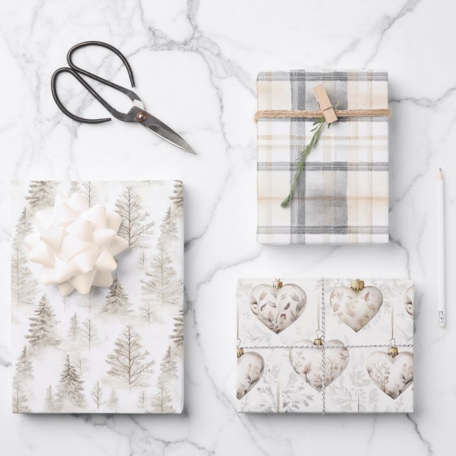 Feuille De Papier Cadeau Cream Christmas Trees Hearts Plaid Stripes (Recto)