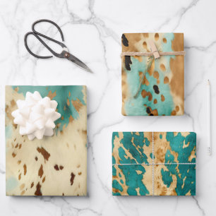 Feuille De Papier Cadeau Cream Gold Turquoise Cowhide Animal