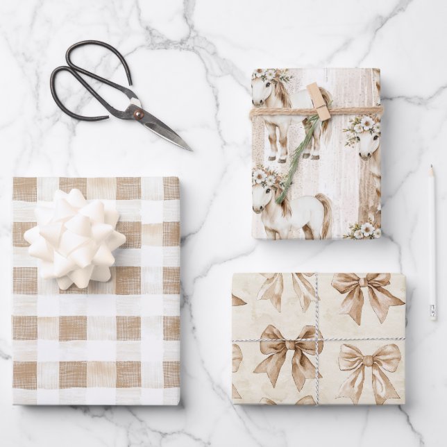 Feuille De Papier Cadeau Cream White Plaid Stripes Floral Horse Birthday (Recto)