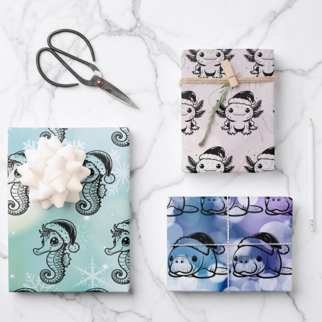 Feuille De Papier Cadeau Créatures de la mer de Noël (Recto)