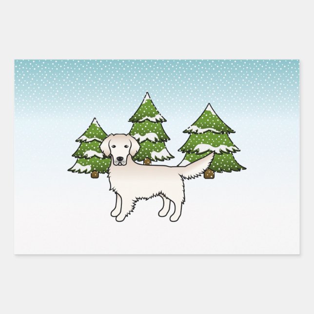 Feuille De Papier Cadeau Crème Anglaise Golden Retriever En Hiver & Arbres (Devant)