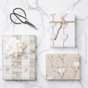 Feuille De Papier Cadeau Crème Blanc Beige Bohème Cœurs Lancement de Mariée