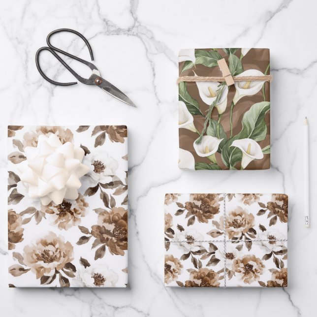 Feuille De Papier Cadeau Crème Brown Fleurs blanches Anniversaire (Recto)