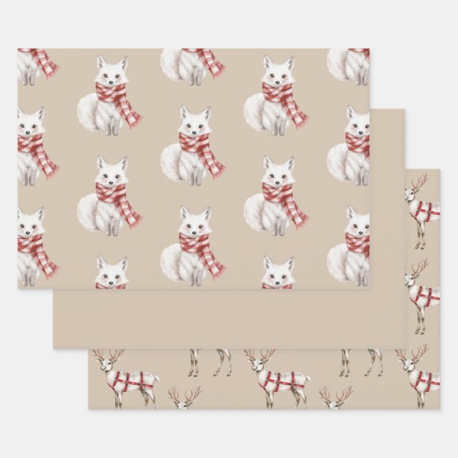 Feuille De Papier Cadeau Crème de Noël Rouge Blanc Peppermenthe Fox Deer (Lot)