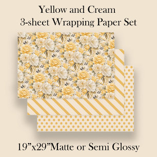 Feuille De Papier Cadeau Crème d'ivoire jaune Aquarelle Fleurs Rayures Poin