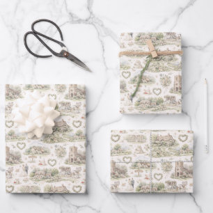 Feuille De Papier Cadeau Crème Douce Village Anglais Mariage Aquarelle