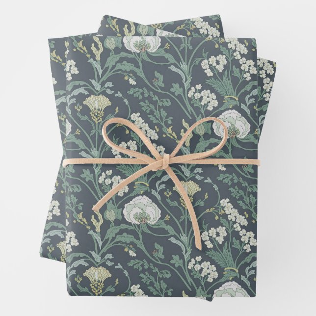 Feuille De Papier Cadeau Crème florale Art nouveau vert (En situation)