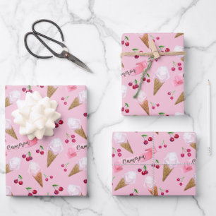 Feuille De Papier Cadeau Crème glacée rose girly personnalisée aux cerises