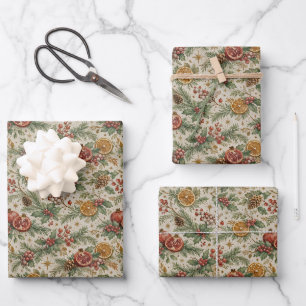 Feuille De Papier Cadeau Crème Motif Botanique Noël Citron Vintage