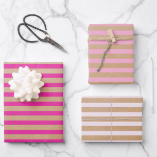 Feuille De Papier Cadeau Crème rétro moderne Hot Pink Stripes Kraft