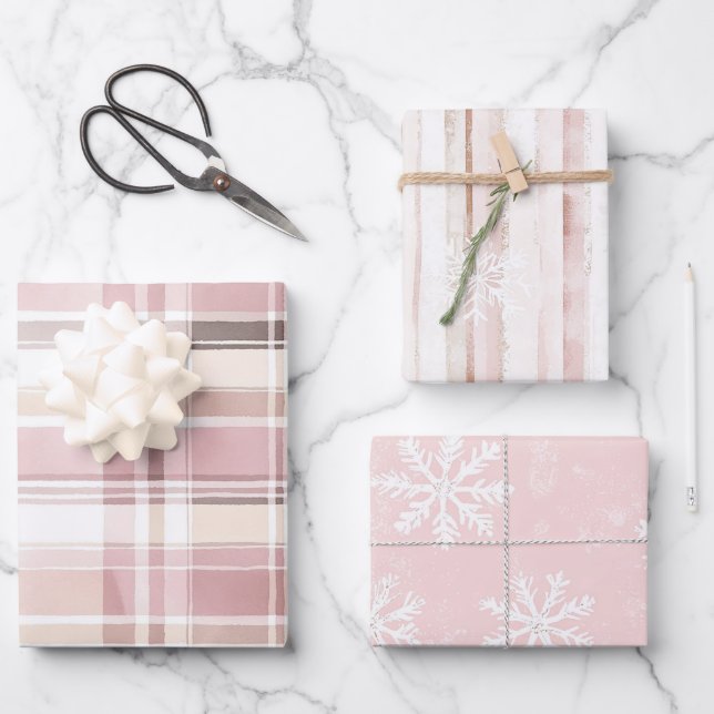 Feuille De Papier Cadeau Crème rose Paillée Stripes Snowflakes Noël (Recto)