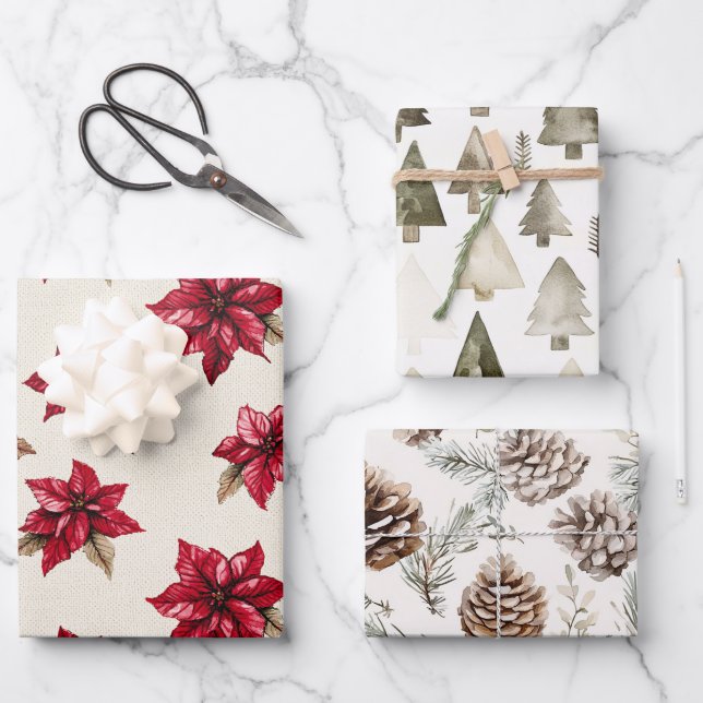 Feuille De Papier Cadeau Crème Rouge Poinsettia Floral Noël (Recto)