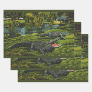 Feuille De Papier Cadeau Crocodiles, Animaux Reptiles de la Vie Marine Vint
