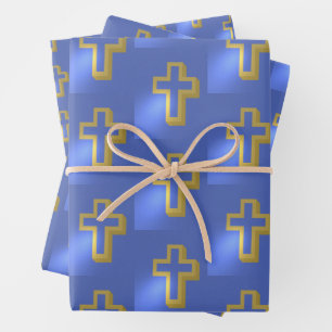 Feuille De Papier Cadeau Croix d'or chrétienne religieuse Lilac Bleu Pâques