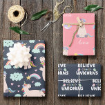 Feuille De Papier Cadeau Croyez en Unicorns Bleu et Rose fille Motif enfant<br><div class="desc">Ajoutez une touche magique à la fête d'anniversaire de votre petite fille avec cet adorable ensemble de papier d'emballage bleu et rose unicorne motif personnalisé. L'emballage cadeau contient des arcs-en-ciel, des nuages, des oiseaux et des licornes. Le texte dit Croyez en les licornes et il y a un endroit pour...</div>