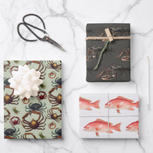 Feuille De Papier Cadeau Crustacés Homard Vivaneau Poisson Vie Marine