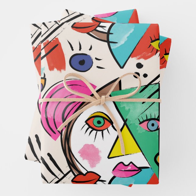 Feuille De Papier Cadeau Cubisme moderne Abstrait Artsy Femme Visages (En situation)