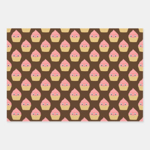 Feuille De Papier Cadeau Cuite Cartoon Fraise Cupcake Brown