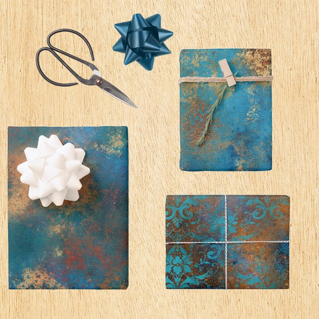 Feuille De Papier Cadeau Cuivre Turquoise Floral Patiné en détresse (Créateur téléchargé)