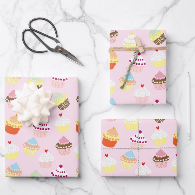 Feuille De Papier Cadeau Cupcakes au rose (Recto)