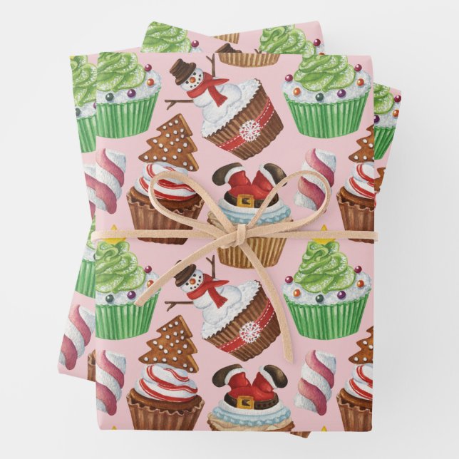 Feuille De Papier Cadeau Cupcakes de Noël Aquarelle (En situation)
