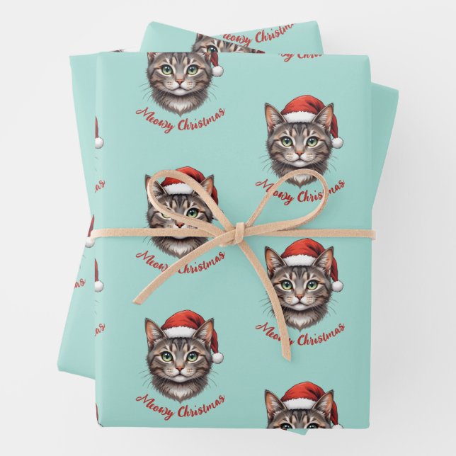 Feuille De Papier Cadeau Custom Cute Christmas Cat with Santa Hat (En situation)