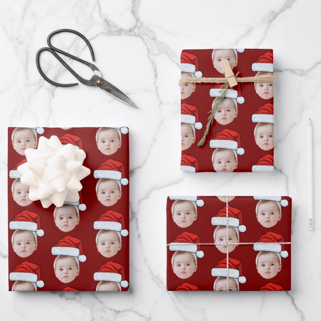 Feuille De Papier Cadeau Custom Face Head Photo Santa Hat Christmas Red (Recto)