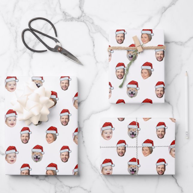 Feuille De Papier Cadeau Custom Face Santa Hat Family 4 Photos Christmas (Recto)