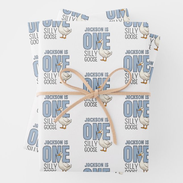 Feuille De Papier Cadeau Custom Modern Blue One Silly Goose First Birthday (En situation)