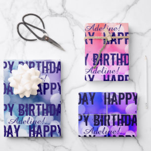 Feuille De Papier Cadeau Customisé Joyeux Anniversaire rose, Purple Blue Bo