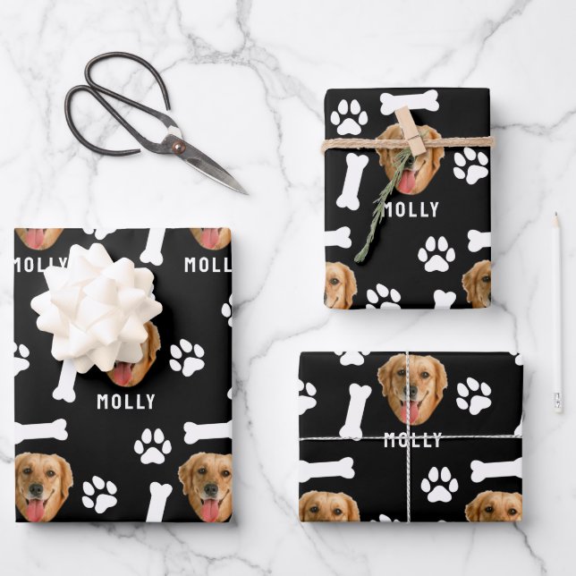 Feuille De Papier Cadeau Customized Dog Pet Photo & Name Black (Recto)