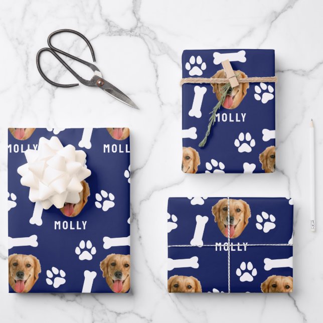 Feuille De Papier Cadeau Customized Dog Pet Photo & Name Navy Blue (Recto)