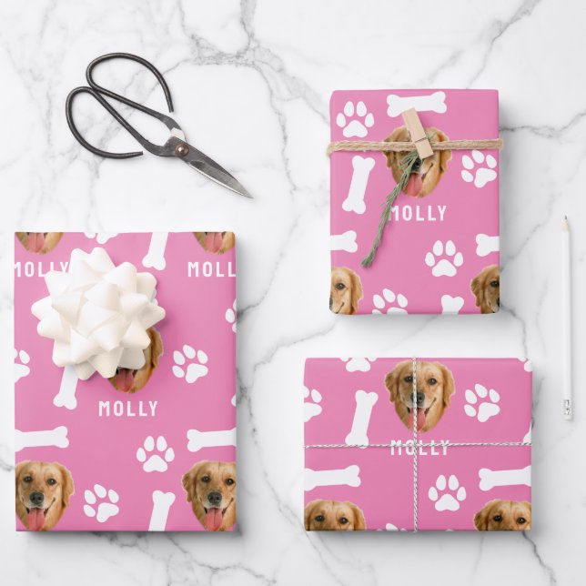 Feuille De Papier Cadeau Customized Dog Pet Photo & Name Pink (Recto)