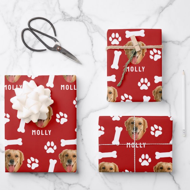 Feuille De Papier Cadeau Customized Dog Pet Photo & Name Red (Recto)
