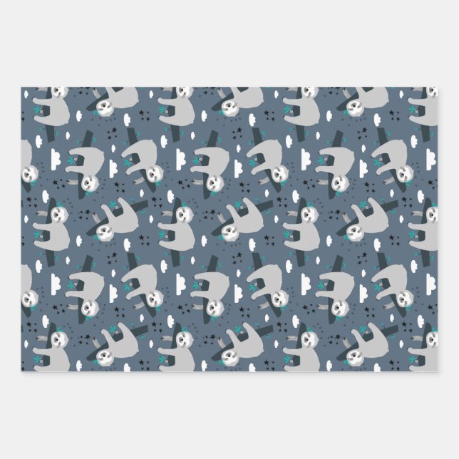 Feuille De Papier Cadeau cute adorable gray sloth pattern blue background (Devant)