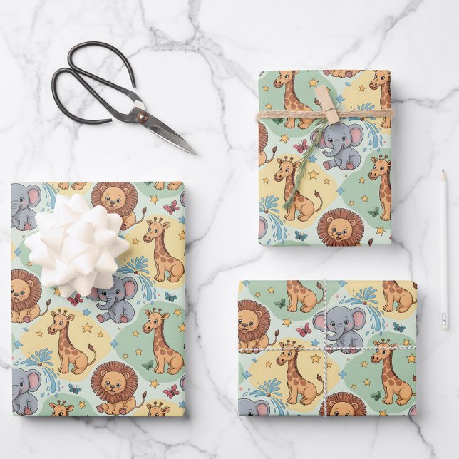 Feuille De Papier Cadeau Cute animal pattern featuring lions, giraffes (Créateur téléchargé)