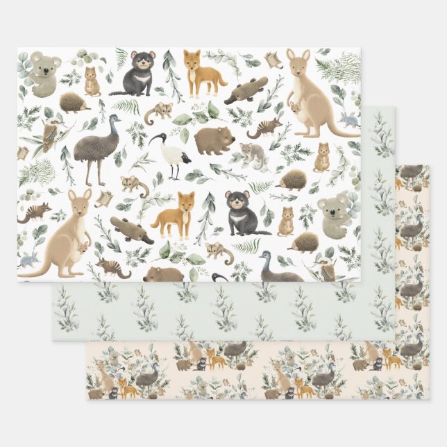 Feuille De Papier Cadeau Cute Australian Animals Verdure Anniversaire Baby  (Lot)