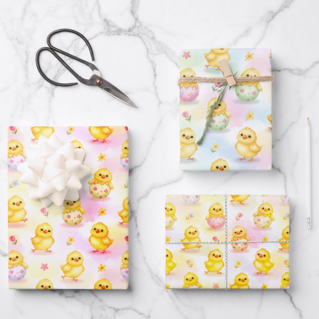 Feuille De Papier Cadeau Cute Baby Chick Watercolor Easter (Recto)