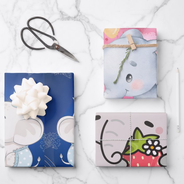 Feuille De Papier Cadeau Cute Baby Elephant First Birthday (Recto)